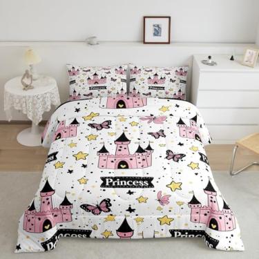 Imagem de Erosebridal Conjunto de edredom para meninas, solteiro, preto e rosa, com borboletas sonhadoras, estampa de estrelas amarelas e branco, 2 peças