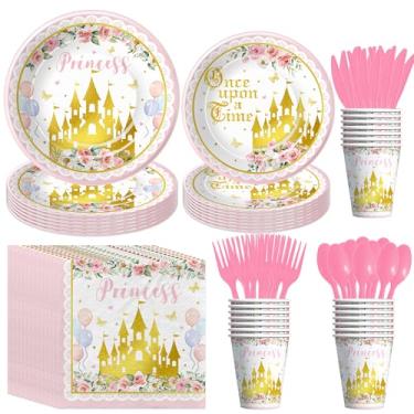 Imagem de Suhelkit Decorações de festa de aniversário de princesa, utensílios de mesa, castelo de ouro floral rosa, princesa Once Upon A Time, suprimentos de festa para chá de bebê, prato, copo, guardanapo