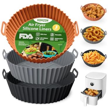 Imagem de Komzon Pacote com 3 forros de silicone para fritadeira a ar, forros de airfryer de 20 cm,