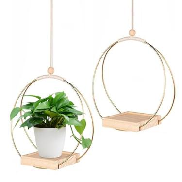 Imagem de NASSMOSSE 2 peças de cabides de plantas com base de madeira, suportes de plantas suspensos estilo boêmio com ganchos para decoração de parede e teto interno/externo, dourado