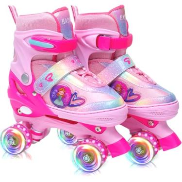 Imagem de Patins para meninas, iniciantes, crianças - HAPHOM Rainbow Roller Skates para meninas pequenas, 4 tamanhos ajustáveis quadriciclos patins com rodas iluminadas, presentes de aniversário para crianças