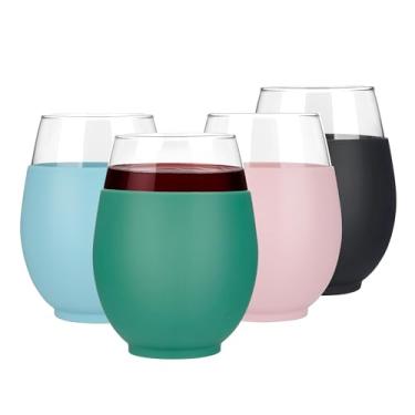 Imagem de Tronco Conjunto de 4 taças de vinho sem haste reutilizáveis de 590 ml com manga de silicone para vinho tinto e branco, coquetéis, laváveis na lava-louças, sem BPA – para uso diário, bar em casa