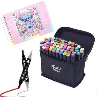 Imagem de Kit Livro De Colorir Stitch Capa Dura Rosa + Canetinhas Coloridas Touch Marca Texto De 24 a 80 Cores e Tamanhos, Ponta Dupla (0,1mm e 6,0mm) – Traços Finos e Áreas Grandes (Livro + 36 Canetas)