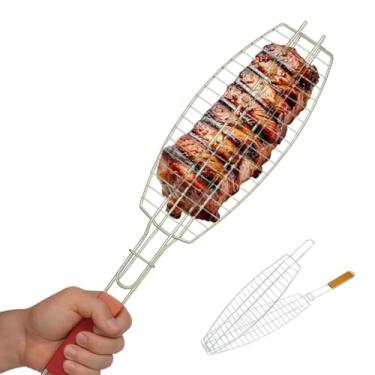 Imagem de Grelha Dupla de Churrasco, Inox Abre e Fecha, para Peixes Carnes, Grande com Cabo de Madeira