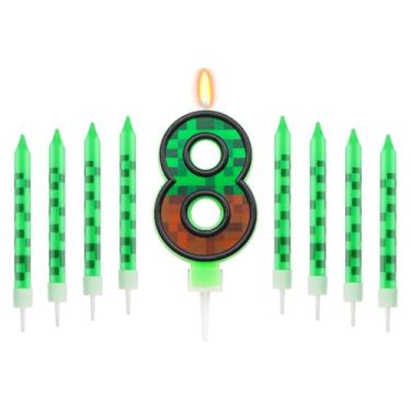 Imagem de Vela de aniversário de 8 anos com tema Pixels, topo de bolo Pixels para meninos e meninas, conjunto de 9 velas com tema de desenho animado de jogo, suprimentos para festa de aniversário (número 8)