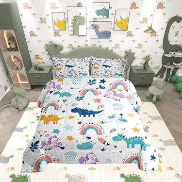 Imagem de Manfei Jogo de cama Queen fofo de dinossauro, unicórnio, desenho animado, estrela, arco-íris, para decoração de quarto de crianças, meninos e meninas, conjunto de edredom macio com 3 peças com 2