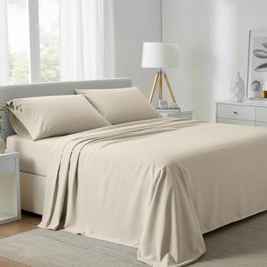 Imagem de Carressa Linen Lençóis Queen de algodão egípcio, 800 fios, 4 peças, lençol de marfim para cama Queen, lençóis de hotel de luxo de cetim, lençóis de cama macios e refrescantes, bolso profundo de 40,6