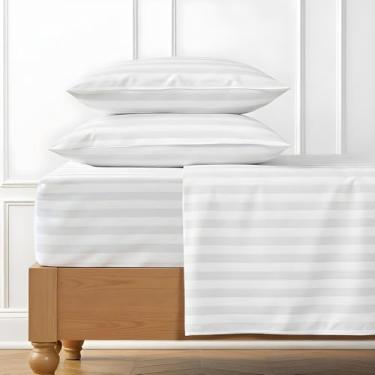 Imagem de Bluemoon Homes Jogo de lençol casal 1000 fios de algodão egípcio 4 peças listradas - lençol com elástico de 45,7 cm de profundidade, extra macio e melhor lençol - branco casal Oeko-Tex jogo de cama