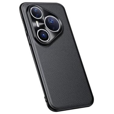 Imagem de HAOMRIYL Capa de couro para Huawei Pura 80 Pro+/80 pro/80, capa de proteção de câmera de metal ultrafina textura de grão de lichia capa antiimpressão digital, preta, 80