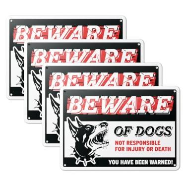 Imagem de 101SignCity "Beware of Dogs, Not Responsible for Injury Or Death, You Have Been Warned!" Placa de aviso para quintais, casas e propriedades privadas - alumínio de 25,4 x 17,8 cm, pacote com 4