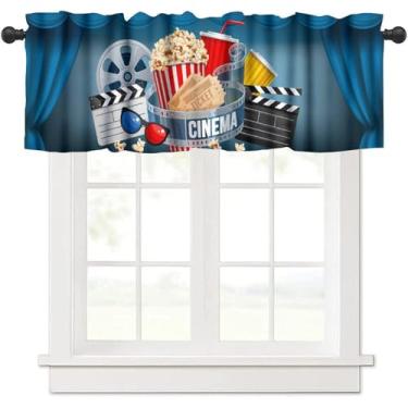 Imagem de Cortina de janela de cinema em casa tema vídeo pipoca bebida carretel filme ripa azul sanefa para quarto, sala de estar, cozinha, sala de mídia 137 x 45 cm