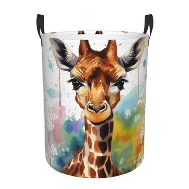 Imagem de Girafa fofa cesta de lavanderia aquarela dobrável à prova d'água cesto de armazenamento de roupas com alças pano oxford organizador de brinquedos cesta para banheiro, lavanderia, quarto, pequeno