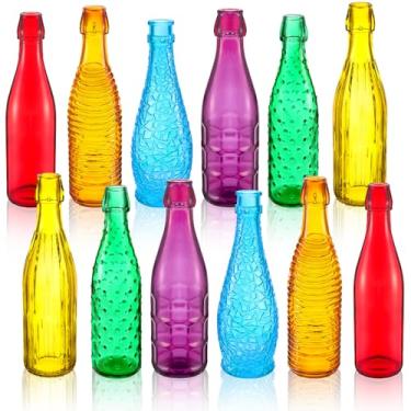 Imagem de Zhehao 12 garrafas de vidro coloridas decorativas, 6 formas, garrafas de vinho, vasos de vidro vazios coloridos para decoração de casa ao ar livre, 6 cores
