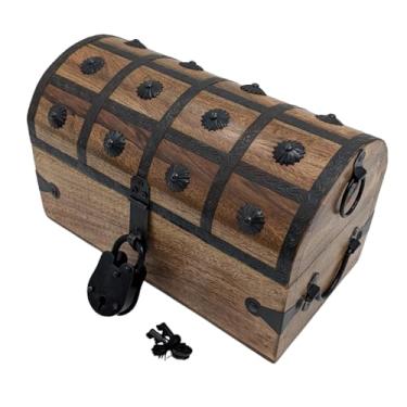 Imagem de Baú de tesouro pirata feito à mão com fechadura e chave - Inclui acessórios náuticos: bússola, espião, apito do capitão, roda de navio, ampulheta e muito mais (Médio 28 x 15 x 16 cm)