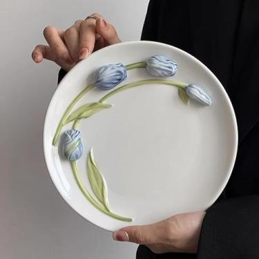 Imagem de Porta-chaves de perfume decorativo tulipa bandeja, bijuteria, bugiganga Dsih, presente de noivado, casamento, chá de panela, 20 cm, cerâmica, azul