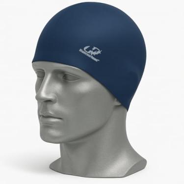 Imagem de Touca de Natação Silicone Lisa Tamanho Adulto Profissional Resistente Impermeável Leve Alta Elasticidade Ajustável Mergulho Águas Abertas Hidroginástica Piscina Praia Areia Treino (Azul-Marinho)