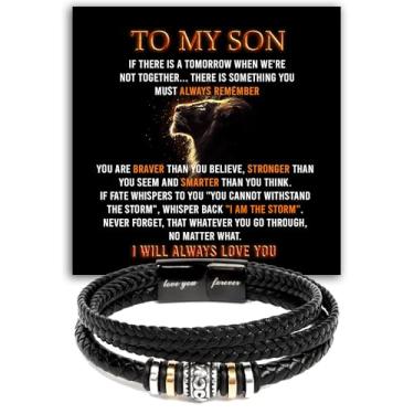 Imagem de VIRAGIL Pulseira To My Son com cartão de mensagem e caixa de presente, presente de pai e mãe no aniversário, formatura, Natal, pulseiras de couro para meninos adolescentes, Never Forget That I Love