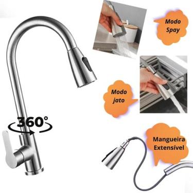 Imagem de Torrneira Gourmet Monocomando Extensível Escovada Cozinha Aço Inox 304