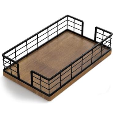 Imagem de Wican Suporte de toalha de hóspede bandeja para banheiro, suporte de guardanapos de carvalho e ferro para lavabo mesa de jantar cesta de madeira para toalhas de mão de papel descartáveis preto e