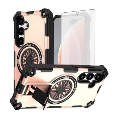 Imagem de Asuwish Capa de celular para Samsung Galaxy S24 FE 5G com protetor de tela de vidro temperado e suporte magnético à prova de choque acessórios de celular fino S 24 EF AI S24FE 24S mulheres homens ouro