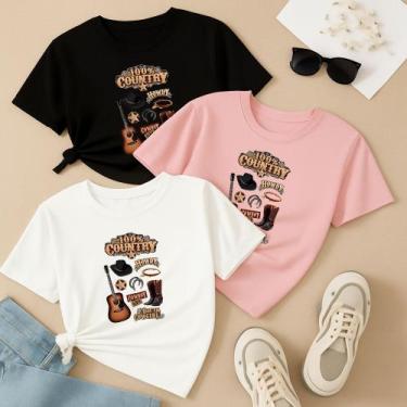 Imagem de Kit com 3 Camisetas Femininas Estampadas 100% Country Conjunto Lindo M