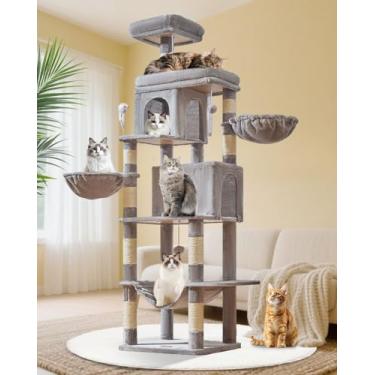 Imagem de Taoqimiao Árvore para gatos, torre de gatos de 197 cm para gatos grandes, condomínios de vários níveis para gatos internos com 2 condomínios, plataforma extra-lagre, 2 cestas suspensas, rede, 8 postes