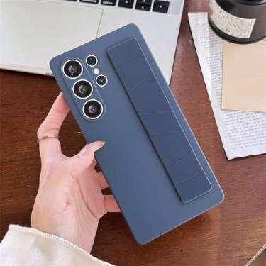 Imagem de Capa de celular luxuosa com alça de pulso elástica de silicone fosco para Samsung S25 S24 S23 Ultra S25 Plus, capa traseira rígida de PC transparente e à prova de choque, azul, para Samsung S24Ultra