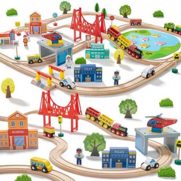 Imagem de Conjunto de trem Tiny Land 110 peças de madeira com trilho para crianç