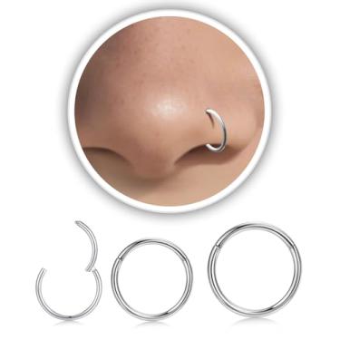 Imagem de 3 argolas de nariz prateadas 16G para mulheres e homens, hipoalergênico 316l aço cirúrgico articulado segmento clicker anéis de nariz argola hélice cartilagem Daith Tragus brincos dorminhoco corpo