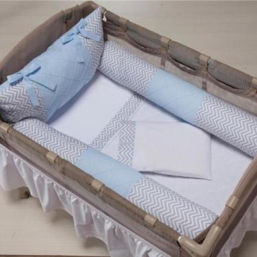 Imagem de Kit Berço Desmontável 3 Peças Chevron Cinza e Azul Claro Camping  - Lo