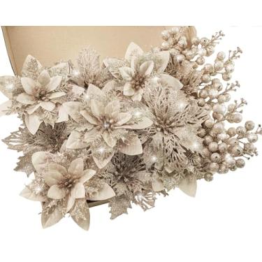 Imagem de RICHMYC Flores de Natal com glitter artificial, 24 peças, flores de poinsétia, bagas, decoração de árvore de Natal, guirlanda de Natal, decoração de guirlanda, champanhe