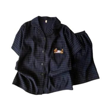 Imagem de Conjunto De Pijamas Femininos Com Bordado Em Xadrez, Moda Fofa, Gola C