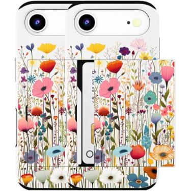 Imagem de MUQR Capa para celular 17 Air compatível com suporte de cartão fofo - Design Kawaii, proteção contra quedas de nível militar, capa carteira robusta para mulheres (flores brancas do campo)