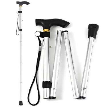 Imagem de Bengala de caminhada, bengala dobrável para homens, mulheres e idosos, altura ajustável de 5 níveis, bengala de viagem, bengala de caminhada leve dobrável, antiderrapante, portátil (prata)
