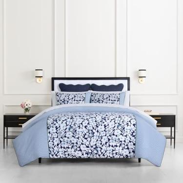 Imagem de Kate Spade New York Conjunto de edredom casal/queen anêmona, 100% algodão, capa reversível, para todas as estações, lavável na máquina, azul multicolorido