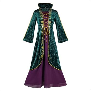 Imagem de BICOPU Fantasia Medieval Feminina de Bruxa Plus Size de Veludo Laranja Roupão Cosplay, Vestido verde, XX-Large