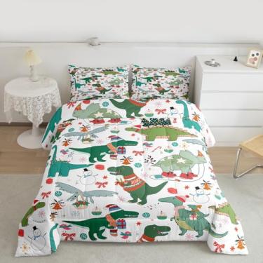 Imagem de Feelyou Jogo de edredom decorativo de Natal, dinossauro, solteiro, desenho animado, boneco de neve, laço de Natal, floco de neve, presente para crianças, meninos e meninas, 1 fronha