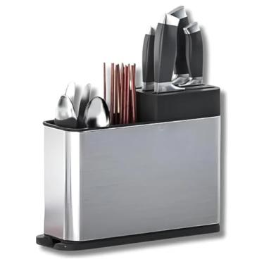 Imagem de Porta Talheres Inox Escorredor com Dreno e Base Removível – Organizador de Pia com 3 Divisórias