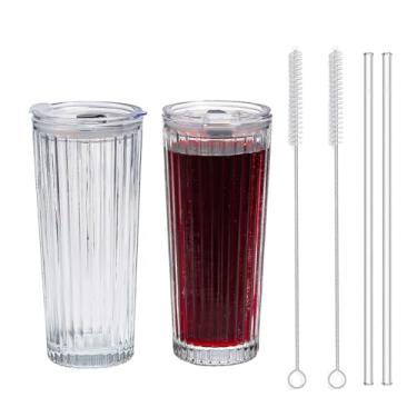 Imagem de Copos de vidro de 590 ml com tampas e canudos - Design vintage elegante com nervuras para café gelado, suco, vitaminas, milkshakes, bebidas frias e cerveja de coquetel de uísque (listras verticais