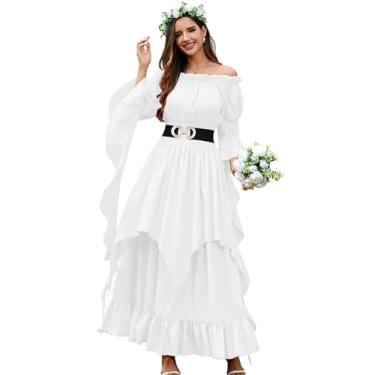 Imagem de KWSTAIN Vestido vitoriano para mulheres, branco, medieval, ombro de fora, bruxa, fada, princesa renascentista, vestido de fantasia de casamento (branco, 2GG/3GG)