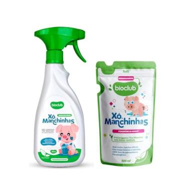 Imagem de Kit Tira Manchas Bioclub® Roupa de Bebê Pré-Lavagem Brancas e Coloridas Frasco E Refil Hipoalergênico e Vegano 1L