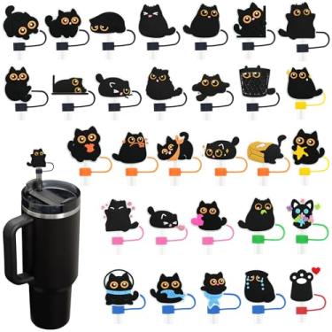 Imagem de 30 peças de tampa de palha de gato preto para copo Stanley 1,134 g, topo de canudo de gato fofo em PVC reutilizável, acessórios de canudos fofos DIY, adequado para proteção de canudos de 10 mm à prova