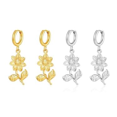 Imagem de 2 pares de brincos femininos banhados a ouro 14 K, brincos florais de aço inoxidável, exclusivo e grande, brincos de concha de praia, hipoalergênicos, anéis de orelha grossos, Aço inoxidável, Sem