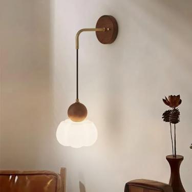 Imagem de GZZBMY Lâmpada de parede interna LED lâmpadas de parede de madeira vintage com abajur de vidro moderno iluminação de parede de metal para sala de estar quarto escada mesa de cabeceira corredor