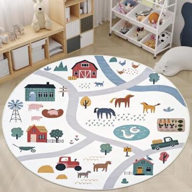 Imagem de Lacomfy Tapete redondo infantil – 1,5 m, animal de fazenda, mapa de estrada de carro, tapete circular de vida na fazenda para meninos, meninas, quarto de berçário, sala de aula, sala de jogos, macio