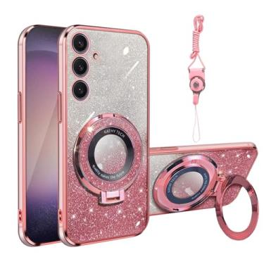 Imagem de Motadalo Capa para Samsung Galaxy S24Plus/S25 Plus, TPU macio, luxuosa, brilhante, transparente, magnética, à prova de choque, com suporte [cartão e alça com glitter] (rosa brilhante)