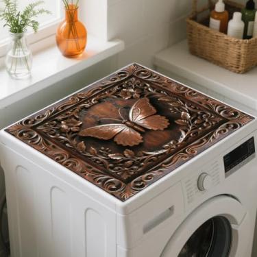 Imagem de GLOBLELAND Tapete de madeira 3D para lavadora de roupa e secadora de roupas, tapete de cobertura contra poeira 59,9 x 59,9 cm, efeito retrô de entalhe em madeira, protetor superior para máquina de