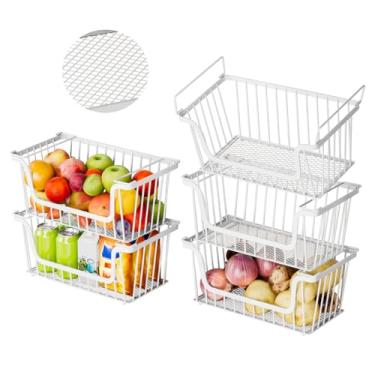 Imagem de Cestas de arame empilháveis com fundo à prova de vazamento, pacote com 5 organizadores e armazenamento de despensa, cestos de prateleira, cesta de frutas, caixas de armazenamento de batata e cebola