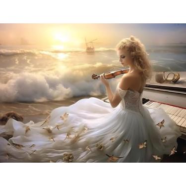 Imagem de Mulher de beleza tocando piano no mar pintura de diamante para adultos, piano estético broca completa pintura arte diamante ponto cruz strass ótimo para decoração de banheiro de parede ou presentes