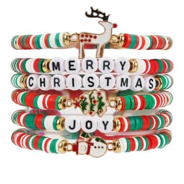 Imagem de Pulseiras de Natal para mulheres Heishi Surfer Polymer Clay Stretch Joy & Merry Candy-Style Stacks para mulheres e adolescentes - Presentes de Natal perfeitos, One Size, Miçangas, Sem Pedra Preciosa
